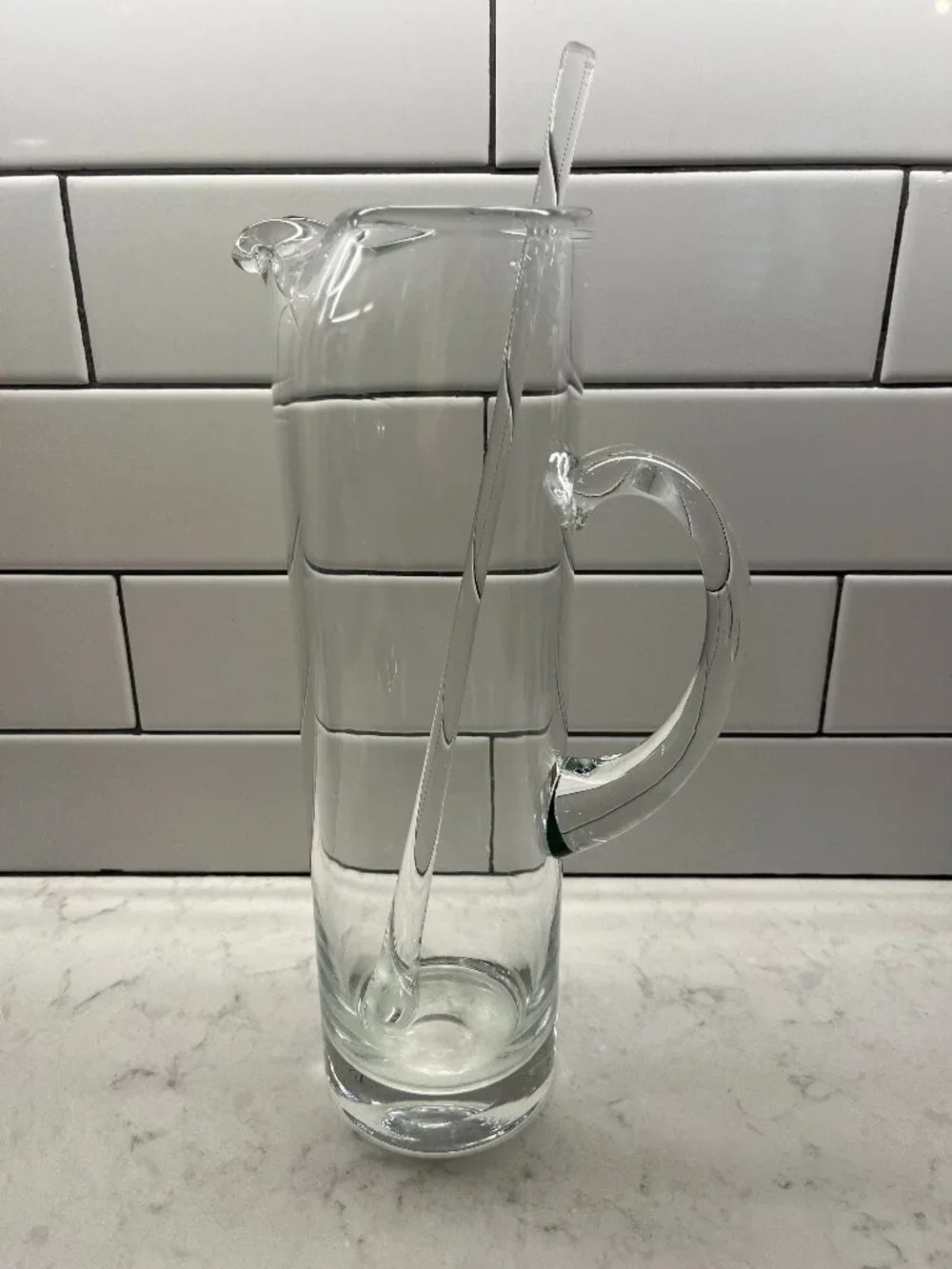 Vintage Glass Martini Pitcher with Handle and Blown Glass Stir Stick